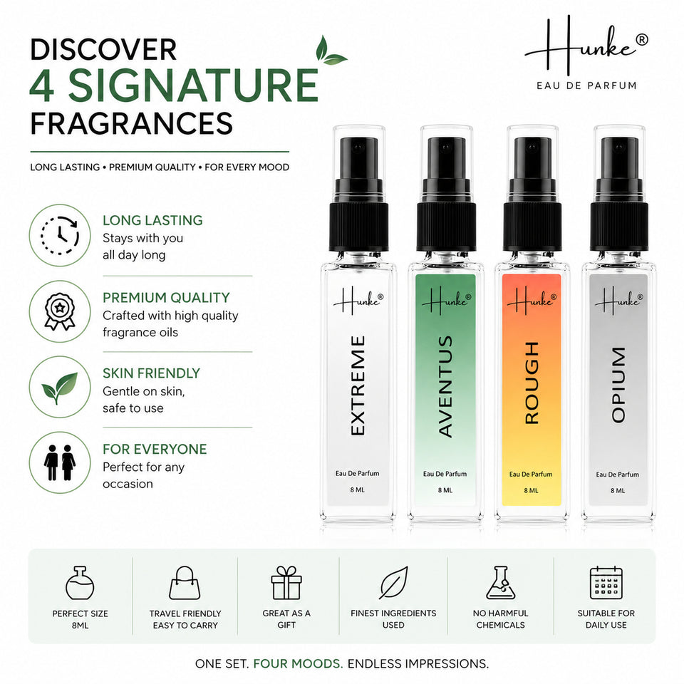 HUNKE EDP Inspired Perfume Set for Men & Women | Set of 4 Premium Long Lasting Fragrances | 8 ml Each | Travel Size Mini Perfume Gift Set | Eau de Parfum Collection - Extreme, Aventus, Opium, Rough