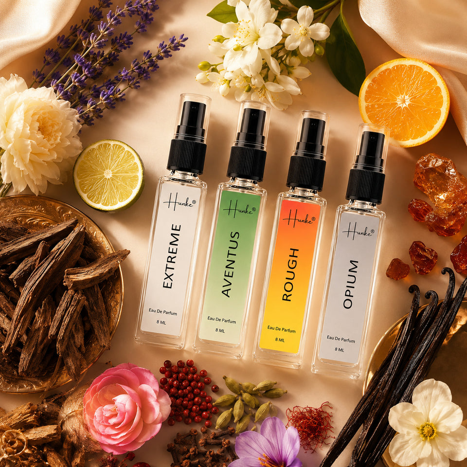 HUNKE EDP Inspired Perfume Set for Men & Women | Set of 4 Premium Long Lasting Fragrances | 8 ml Each | Travel Size Mini Perfume Gift Set | Eau de Parfum Collection - Extreme, Aventus, Opium, Rough
