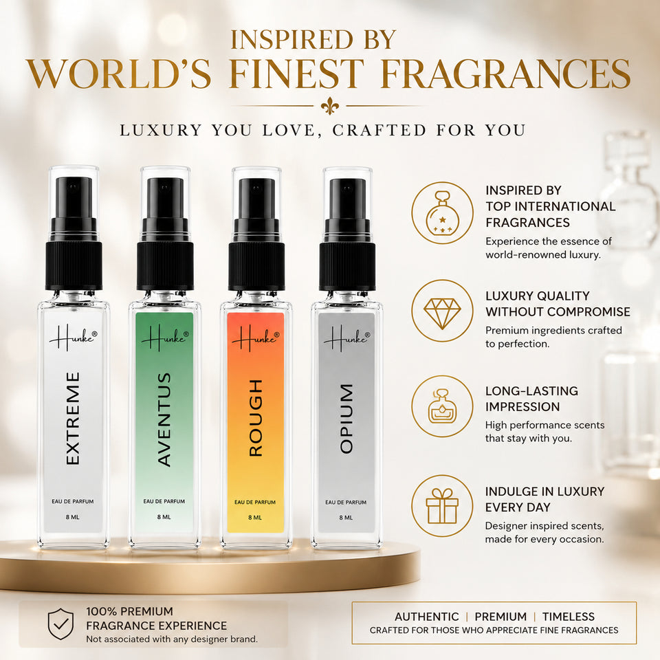 HUNKE EDP Inspired Perfume Set for Men & Women | Set of 4 Premium Long Lasting Fragrances | 8 ml Each | Travel Size Mini Perfume Gift Set | Eau de Parfum Collection - Extreme, Aventus, Opium, Rough