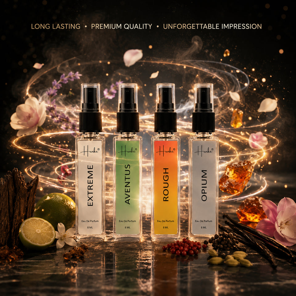HUNKE EDP Inspired Perfume Set for Men & Women | Set of 4 Premium Long Lasting Fragrances | 8 ml Each | Travel Size Mini Perfume Gift Set | Eau de Parfum Collection - Extreme, Aventus, Opium, Rough