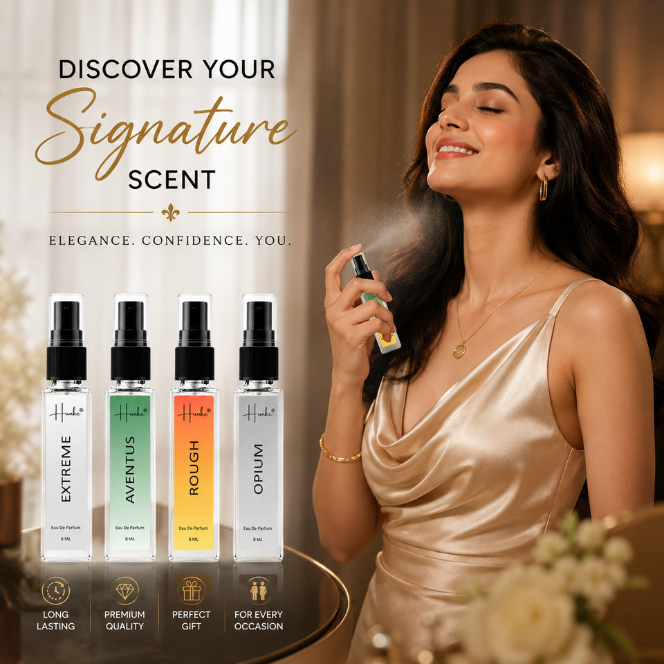 HUNKE EDP Inspired Perfume Set for Men & Women | Set of 4 Premium Long Lasting Fragrances | 8 ml Each | Travel Size Mini Perfume Gift Set | Eau de Parfum Collection - Extreme, Aventus, Opium, Rough
