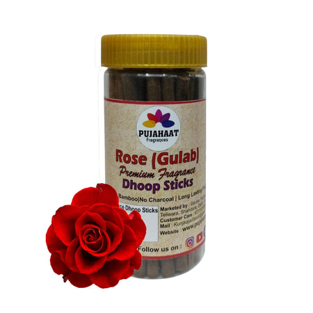 Pujahaat Rose (Gulab) Premium Scented Incense Stick | Dry Dhoop Stick | No Charcoal, Bambooless | Dhoop Batti 4 inches with free Holder - Rose (Gulab) Fragrance