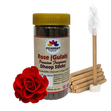 Pujahaat Rose (Gulab) Premium Scented Incense Stick | Dry Dhoop Stick | No Charcoal, Bambooless | Dhoop Batti 4 inches with free Holder - Rose (Gulab) Fragrance