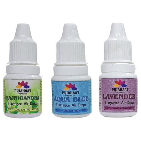 Pujahaat Premium Rajnigandha, Lavender, Aqua Blue Fragrance Air drops Air freshener for room, bathroom, toilet, car, wardrobes -Pack of 3 (3 x 5ml)