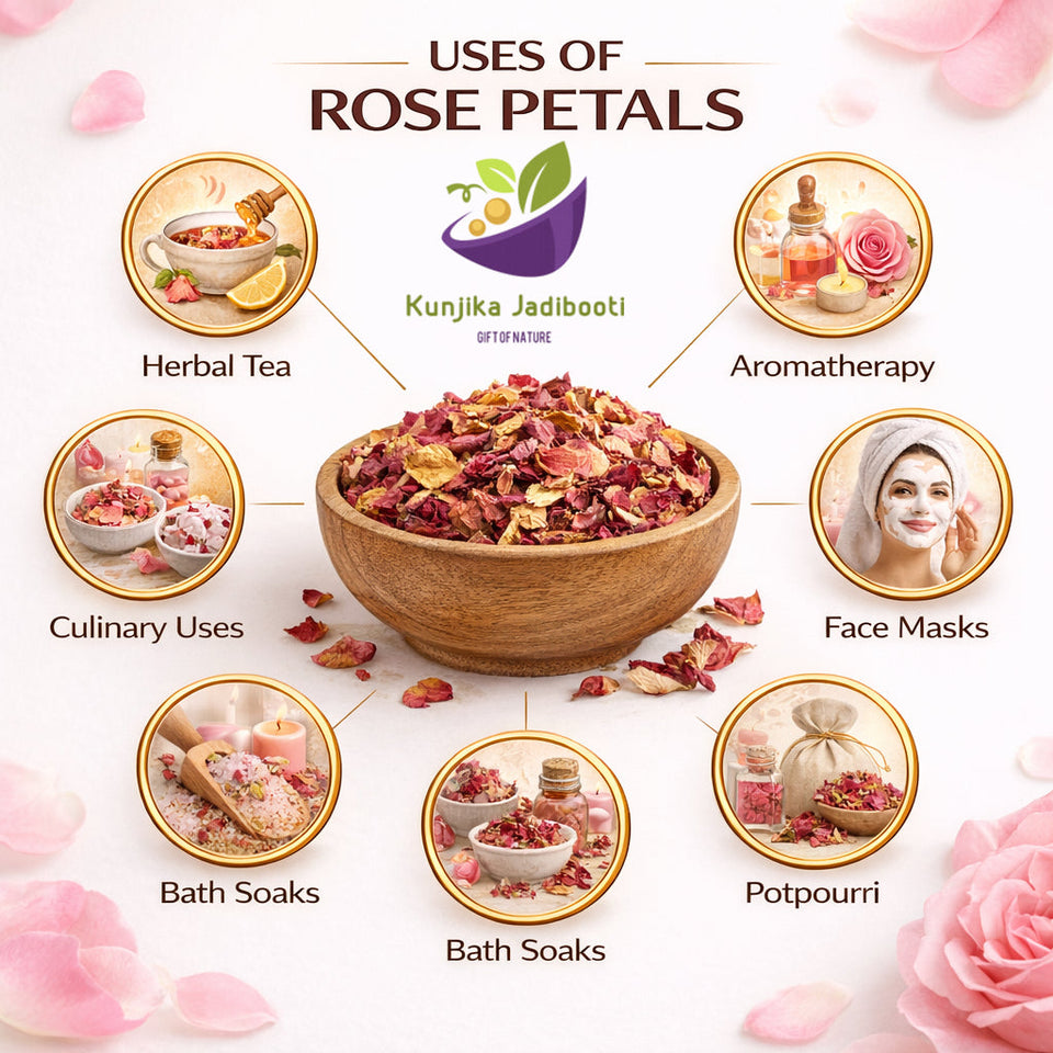 Kunjika Jadibooti Sun Dried Rose Petals - Dry Rosa Gallica - 100% Edible for Food - Dried Rose Petals - 100 Gm