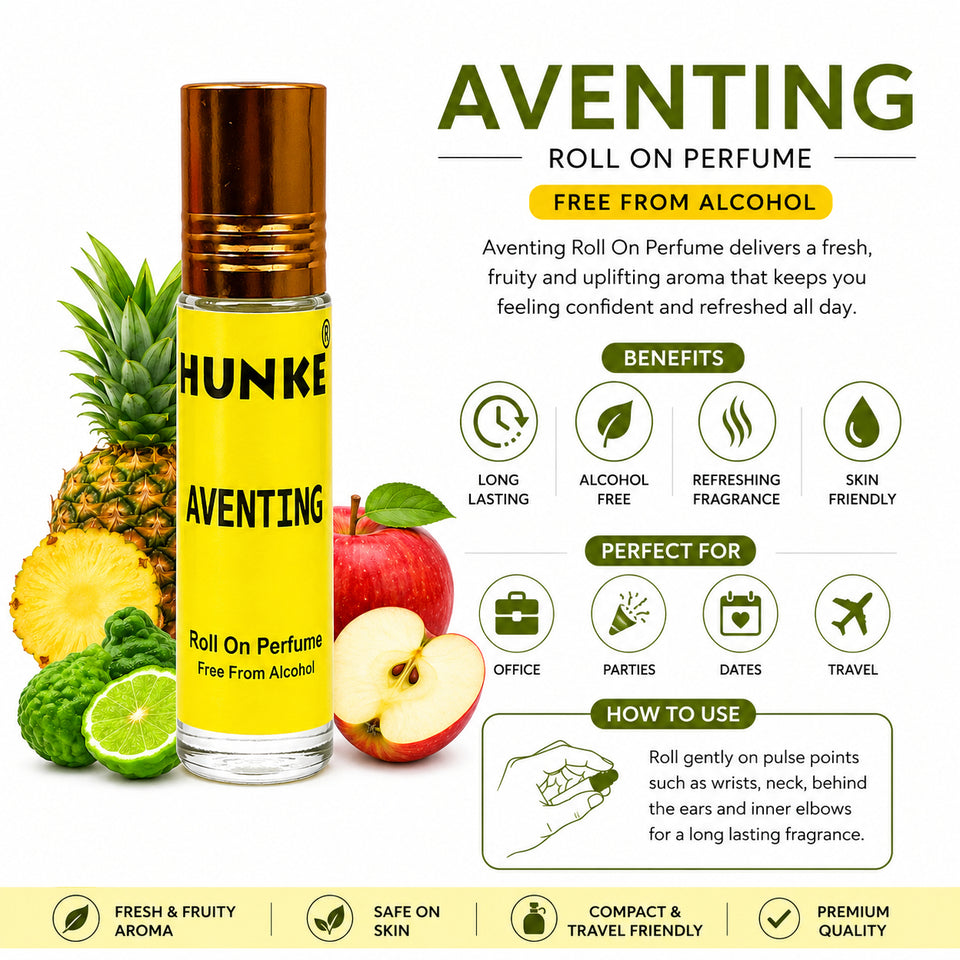 HUNKE® Premium Perfume Roll on High Concentration | Attar Ittar Roll on| No Alcohol | Long Lasting Travel Size 8 ML Roll-On, High Projection Fragrance - Aventing