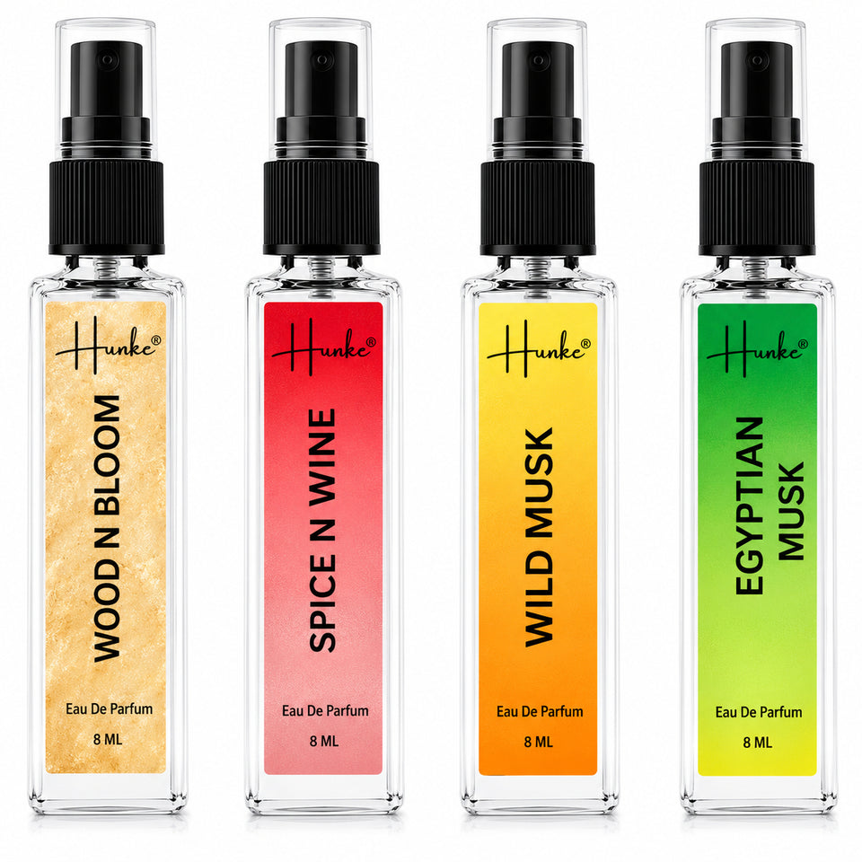 HUNKE EDP Inspired Perfume Set for Men & Women | Set of 4 Premium Long Lasting Fragrances | 8 ml Each | Travel Size Mini Perfume Gift Set | Eau de Parfum Collection - Wood n bloom, Spice N Wine, Wild Musk, Egyptian Musk
