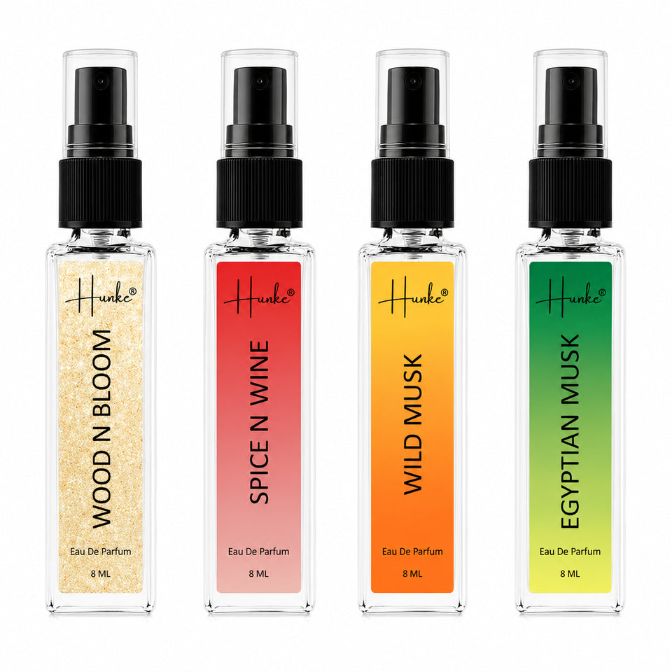 HUNKE EDP Inspired Perfume Set for Men & Women | Set of 4 Premium Long Lasting Fragrances | 8 ml Each | Travel Size Mini Perfume Gift Set | Eau de Parfum Collection - Wood n bloom, Spice N Wine, Wild Musk, Egyptian Musk