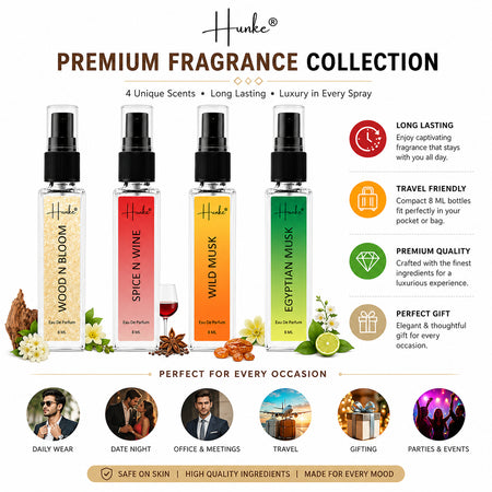 HUNKE EDP Inspired Perfume Set for Men & Women | Set of 4 Premium Long Lasting Fragrances | 8 ml Each | Travel Size Mini Perfume Gift Set | Eau de Parfum Collection - Wood n bloom, Spice N Wine, Wild Musk, Egyptian Musk