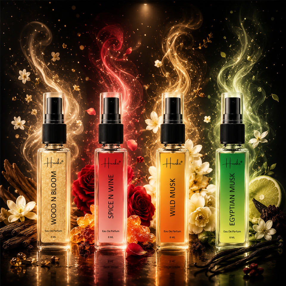 HUNKE EDP Inspired Perfume Set for Men & Women | Set of 4 Premium Long Lasting Fragrances | 8 ml Each | Travel Size Mini Perfume Gift Set | Eau de Parfum Collection - Wood n bloom, Spice N Wine, Wild Musk, Egyptian Musk