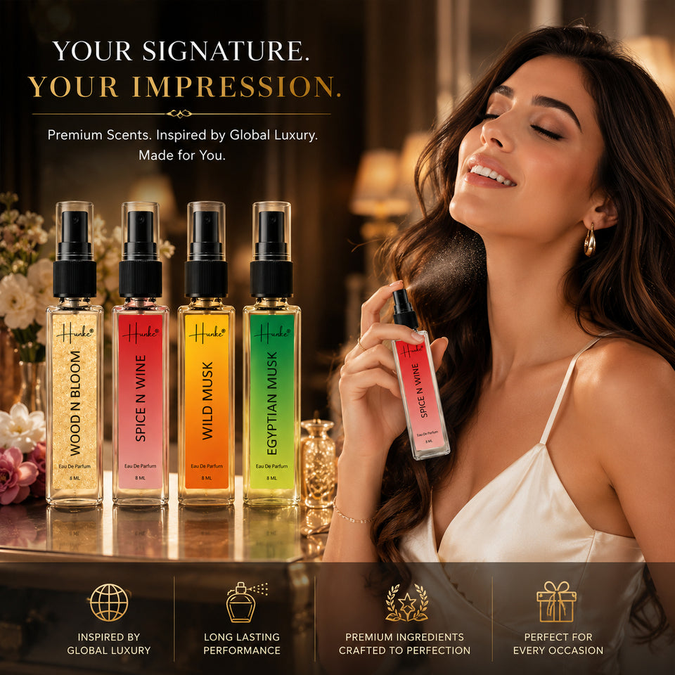 HUNKE EDP Inspired Perfume Set for Men & Women | Set of 4 Premium Long Lasting Fragrances | 8 ml Each | Travel Size Mini Perfume Gift Set | Eau de Parfum Collection - Wood n bloom, Spice N Wine, Wild Musk, Egyptian Musk