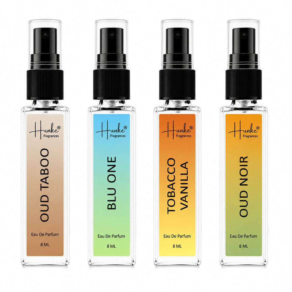 HUNKE EDP Inspired Perfume Set for Men & Women | Set of 4 Premium Long Lasting Fragrances | 8 ml Each | Travel Size Mini Perfume Gift Set | Eau de Parfum Collection - Oud Taboo, Blu One, Tobacco Vanilla, Oud Noir
