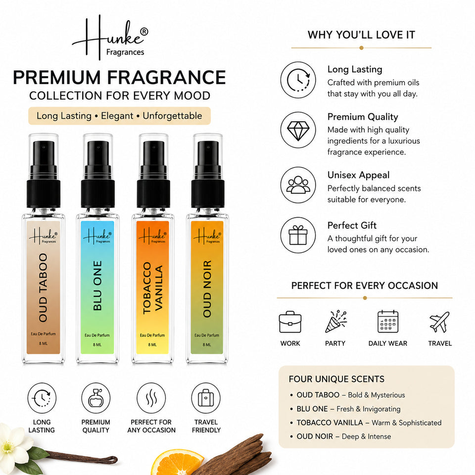 HUNKE EDP Inspired Perfume Set for Men & Women | Set of 4 Premium Long Lasting Fragrances | 8 ml Each | Travel Size Mini Perfume Gift Set | Eau de Parfum Collection - Oud Taboo, Blu One, Tobacco Vanilla, Oud Noir