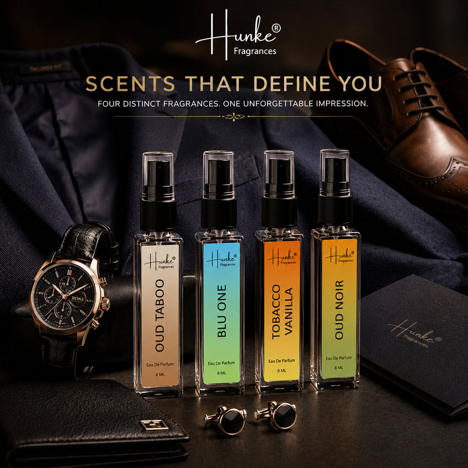 HUNKE EDP Inspired Perfume Set for Men & Women | Set of 4 Premium Long Lasting Fragrances | 8 ml Each | Travel Size Mini Perfume Gift Set | Eau de Parfum Collection - Oud Taboo, Blu One, Tobacco Vanilla, Oud Noir