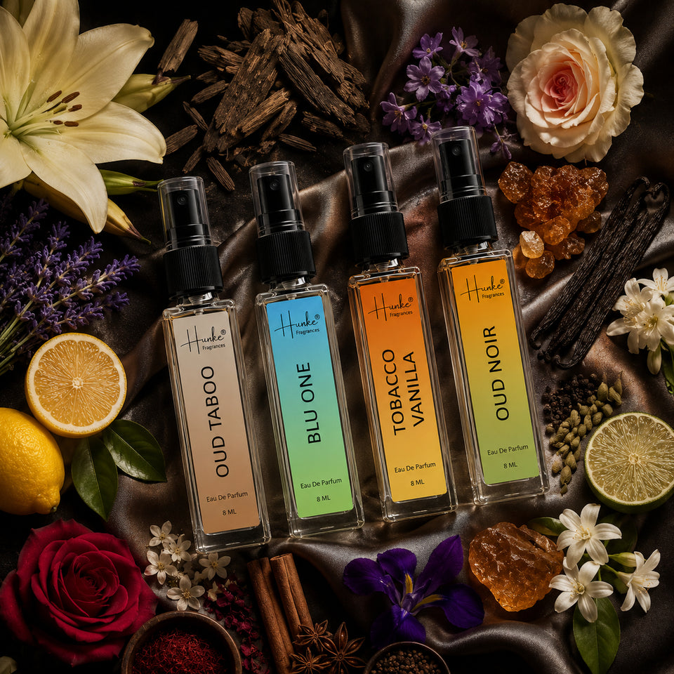 HUNKE EDP Inspired Perfume Set for Men & Women | Set of 4 Premium Long Lasting Fragrances | 8 ml Each | Travel Size Mini Perfume Gift Set | Eau de Parfum Collection - Oud Taboo, Blu One, Tobacco Vanilla, Oud Noir