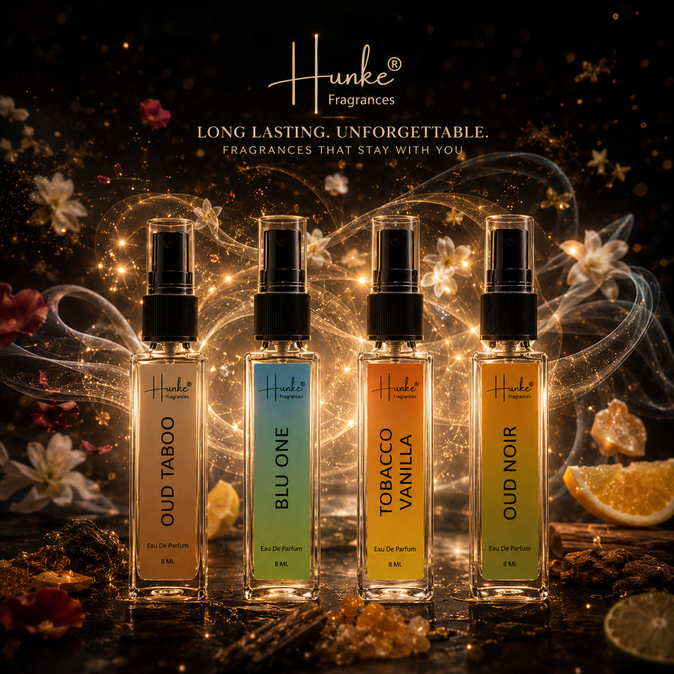 HUNKE EDP Inspired Perfume Set for Men & Women | Set of 4 Premium Long Lasting Fragrances | 8 ml Each | Travel Size Mini Perfume Gift Set | Eau de Parfum Collection - Oud Taboo, Blu One, Tobacco Vanilla, Oud Noir