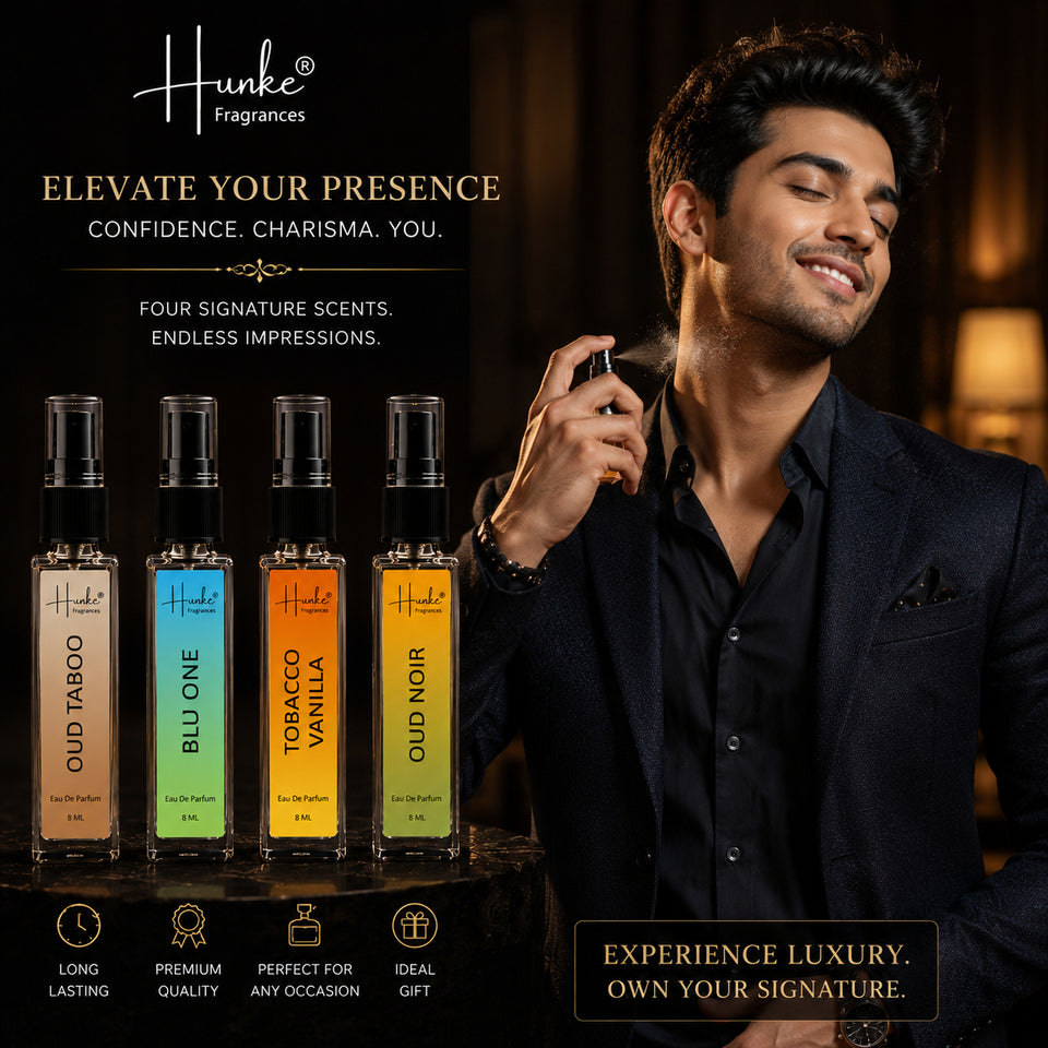 HUNKE EDP Inspired Perfume Set for Men & Women | Set of 4 Premium Long Lasting Fragrances | 8 ml Each | Travel Size Mini Perfume Gift Set | Eau de Parfum Collection - Oud Taboo, Blu One, Tobacco Vanilla, Oud Noir