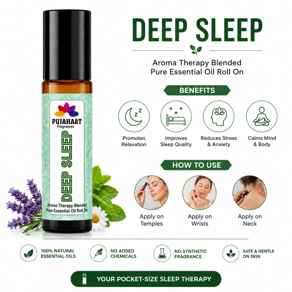 Pujahaat Deep Sleep Aromatherapy Roll-on | Blend of pure & natural Essential Oils | Targeted Sleep Aid for Restful Nights | Reduces Insomnia, Snoring & Restless Sleep | Crafted by Certified Aromatherapists 10ml/0.33 fl oz - Deep Sleep Roll-on