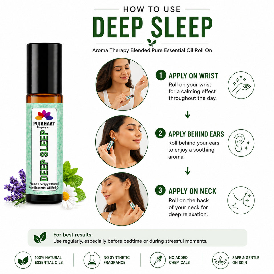 Pujahaat Deep Sleep Aromatherapy Roll-on | Blend of pure & natural Essential Oils | Targeted Sleep Aid for Restful Nights | Reduces Insomnia, Snoring & Restless Sleep | Crafted by Certified Aromatherapists 10ml/0.33 fl oz - Deep Sleep Roll-on