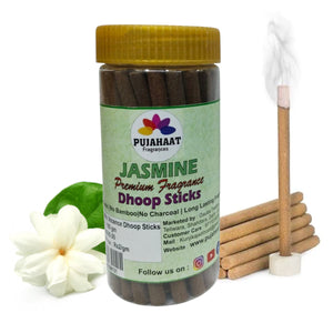 Pujahaat Jasmine Premium Scented Incense Stick | Dry Dhoop Stick | No Charcoal, Bambooless | Dhoop Batti 4 inches with free Holder - Jasmine Fragrance