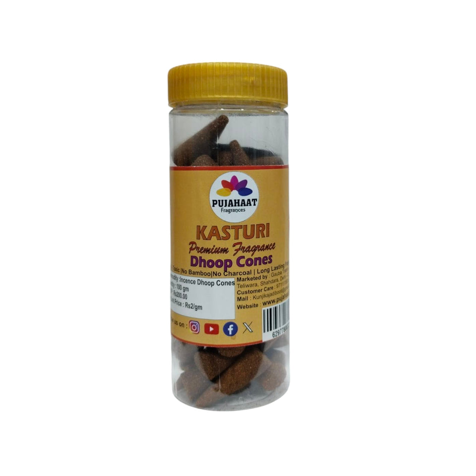 Pujahaat Premium Scented Incense Dhoop Cone | No Charcoal No Bamboo | for Pooja, Rituals & Special Occasions, Aromatherapy Kasturi (Musk) Fragrance