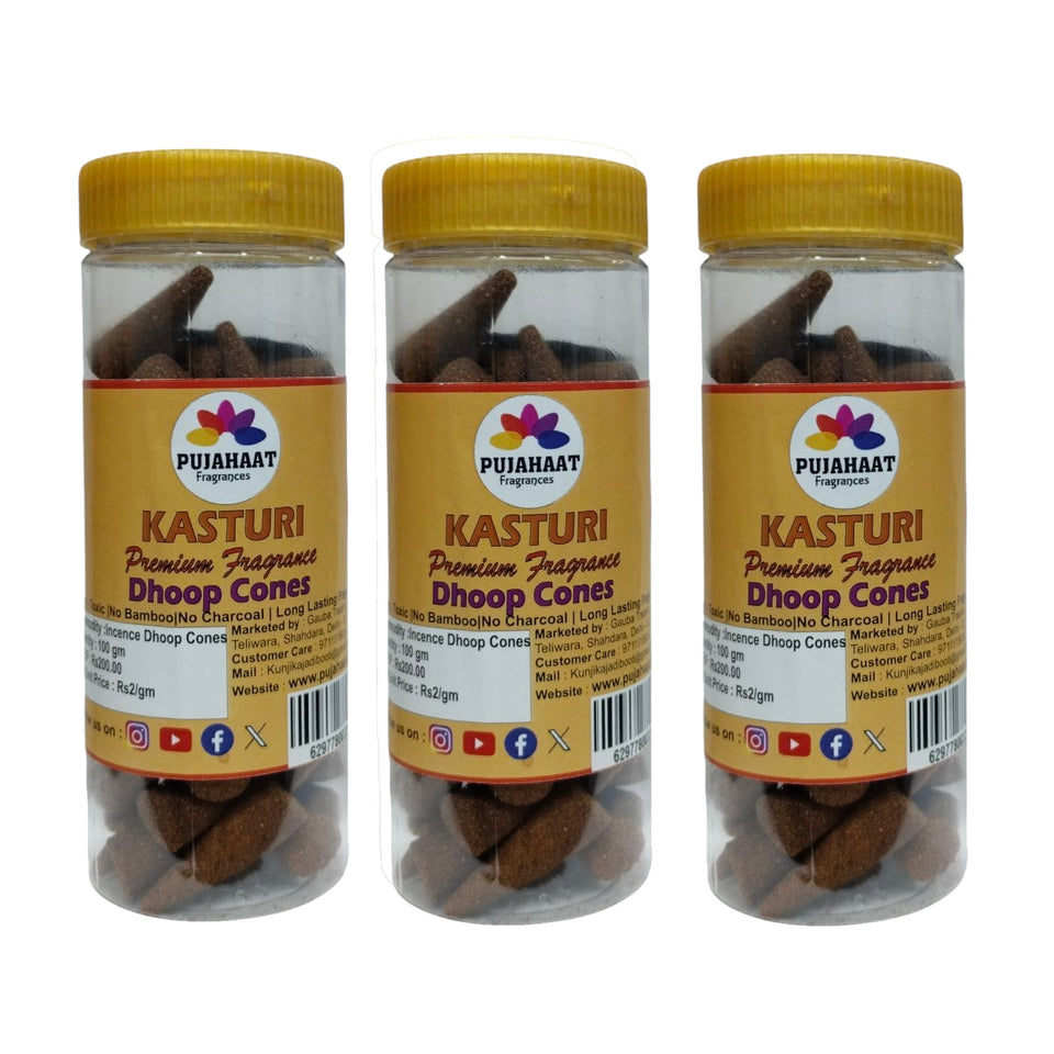Pujahaat Premium Scented Incense Dhoop Cone | No Charcoal No Bamboo | for Pooja, Rituals & Special Occasions, Aromatherapy Kasturi (Musk) Fragrance