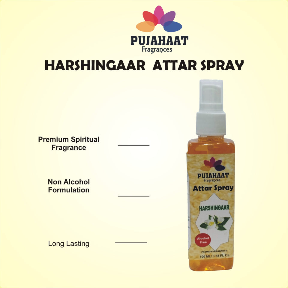 Harshingaar Phool Attar Spray by Pujahaat | 100ml Non Alcoholic Spray | Religious Mist | Air Freshener, Room Mist, Fabric & Linen Spray | Perfect for Prayers Rooms, Living Room, sofas, curtains, car