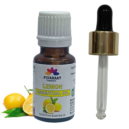 Pujahaat Lemon Essential Oil (Citrus limonum) Pure | Non-Sticky | Non-greasy | Lightweight | Men & Women | All Skin Types - Vegan & Cruelty free - 15 ml