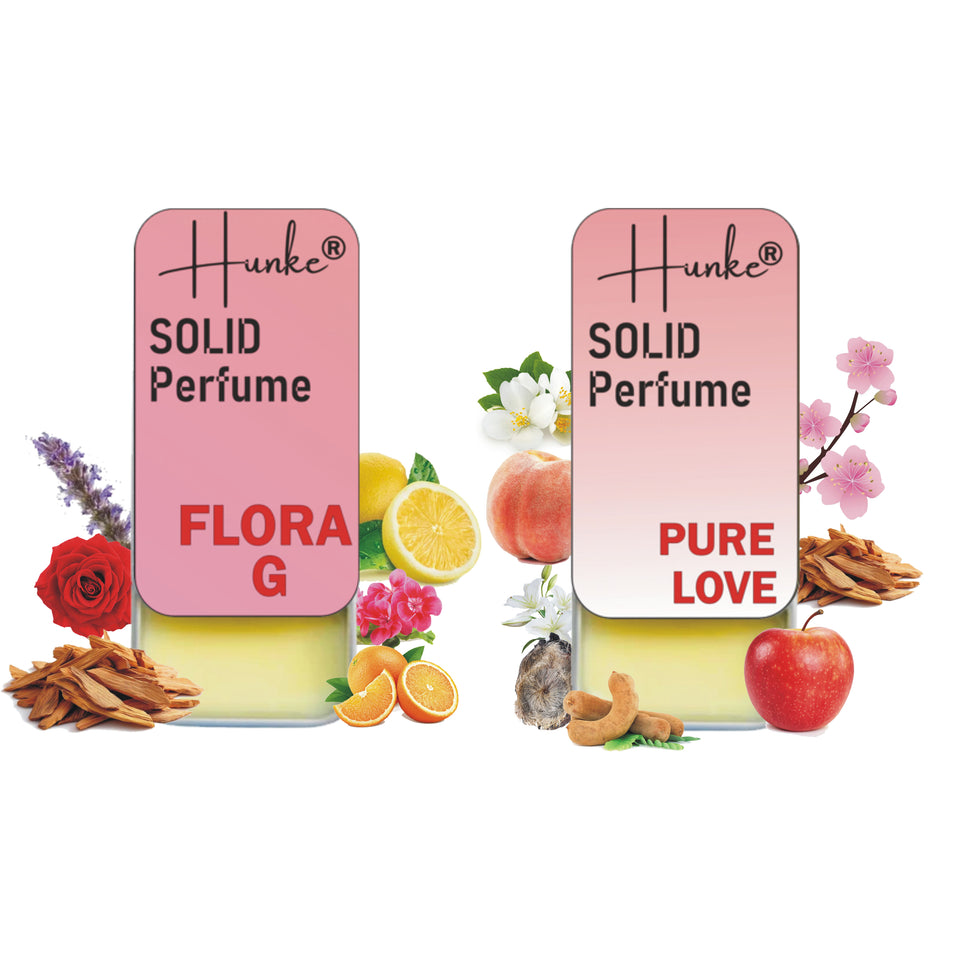 Hunke® Solid Perfume Combo | Alcohol-Free Solid Perfume for Men & Women | Long Lasting Natural Wax Fragrance | Travel Friendly Pocket Perfume | Handmade Luxury - Pure Love, Flora G