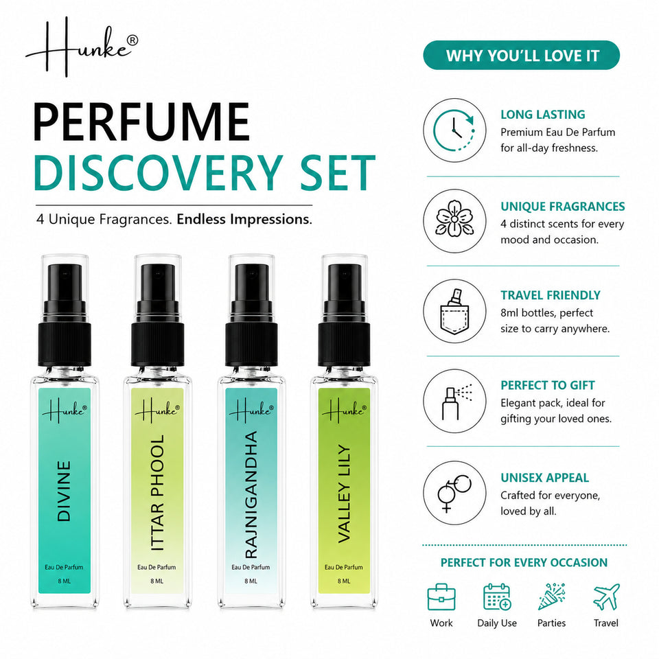 HUNKE EDP Inspired Perfume Set for Men & Women | Set of 4 Premium Long Lasting Fragrances | 8 ml Each | Travel Size Mini Perfume Gift Set | Eau de Parfum Collection - Divine, Ittar Phool, Rajnigandha, Valley Lily