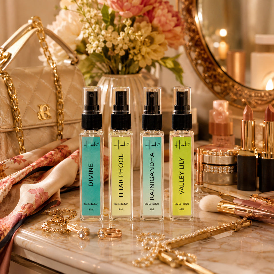 HUNKE EDP Inspired Perfume Set for Men & Women | Set of 4 Premium Long Lasting Fragrances | 8 ml Each | Travel Size Mini Perfume Gift Set | Eau de Parfum Collection - Divine, Ittar Phool, Rajnigandha, Valley Lily