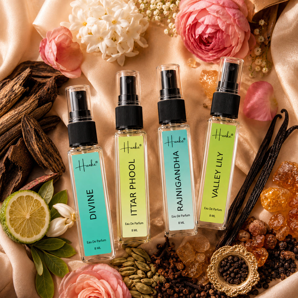 HUNKE EDP Inspired Perfume Set for Men & Women | Set of 4 Premium Long Lasting Fragrances | 8 ml Each | Travel Size Mini Perfume Gift Set | Eau de Parfum Collection - Divine, Ittar Phool, Rajnigandha, Valley Lily