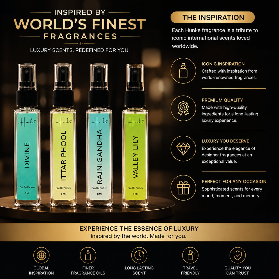 HUNKE EDP Inspired Perfume Set for Men & Women | Set of 4 Premium Long Lasting Fragrances | 8 ml Each | Travel Size Mini Perfume Gift Set | Eau de Parfum Collection - Divine, Ittar Phool, Rajnigandha, Valley Lily