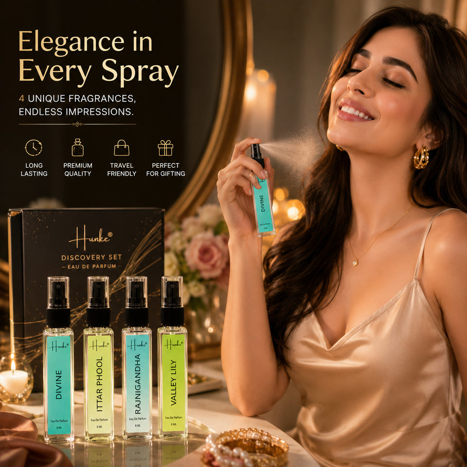 HUNKE EDP Inspired Perfume Set for Men & Women | Set of 4 Premium Long Lasting Fragrances | 8 ml Each | Travel Size Mini Perfume Gift Set | Eau de Parfum Collection - Divine, Ittar Phool, Rajnigandha, Valley Lily
