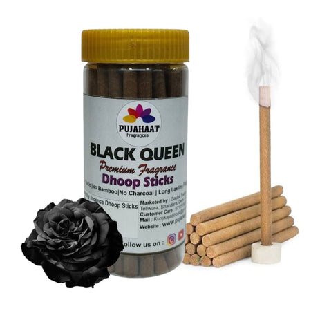 Pujahaat Black Queen Rare Premium Scented Incense Stick | Dry Dhoop Stick | No Charcoal, Bambooless | Dhoop Batti 4 inches with free Holder - Black Queen Fragrance