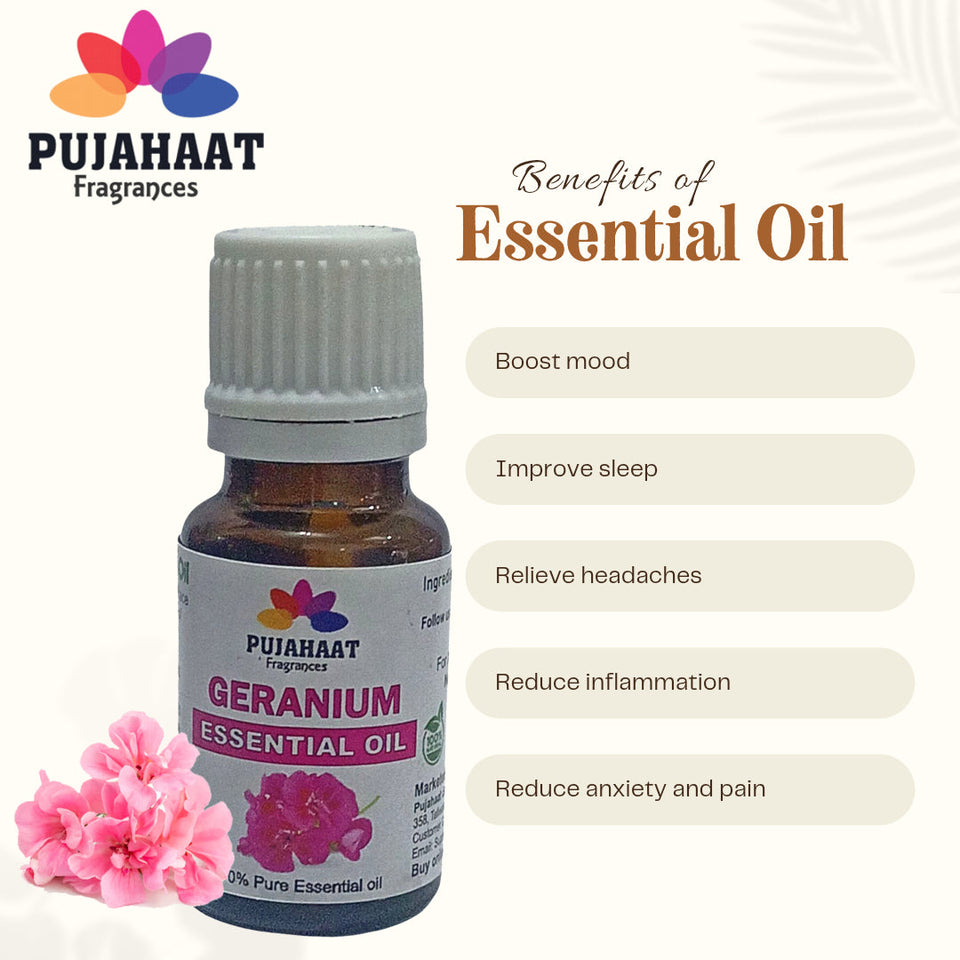 Pujahaat Geranium Essential Oil for Hair Growth, Long & Healthy Hair, Minimize fine line & Wrinkles, Smooth Skin, Healthy Scalp | 100% Pure, Natural, Organic - Vegan & Cruelty free - 15 ml