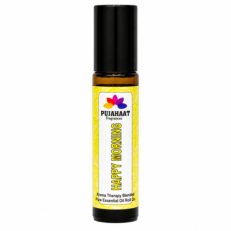Pujahaat Happy Morning Aromatherapy Roll-on | Blend of pure & natural Essential Oils | For Help Waking Up & Alertness | Soothing Formula to uplift mood and reduce dullness. | Crafted by Certified Aromatherapists 10ml/0.33 fl oz - Happy Morning Roll-on