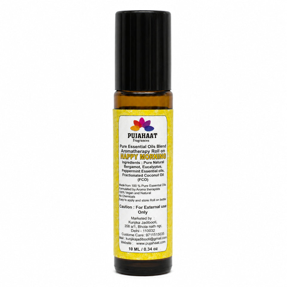 Pujahaat Happy Morning Aromatherapy Roll-on | Blend of pure & natural Essential Oils | For Help Waking Up & Alertness | Soothing Formula to uplift mood and reduce dullness. | Crafted by Certified Aromatherapists 10ml/0.33 fl oz - Happy Morning Roll-on