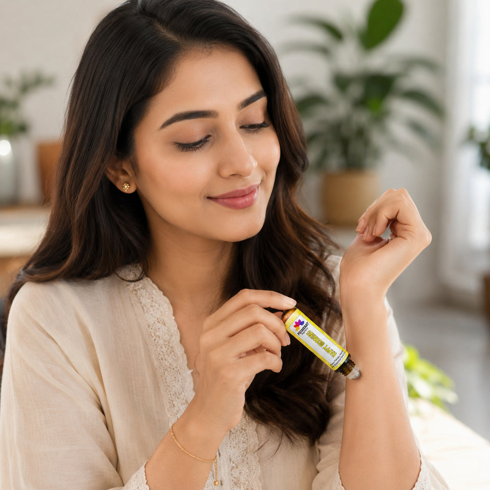 Pujahaat Happy Morning Aromatherapy Roll-on | Blend of pure & natural Essential Oils | For Help Waking Up & Alertness | Soothing Formula to uplift mood and reduce dullness. | Crafted by Certified Aromatherapists 10ml/0.33 fl oz - Happy Morning Roll-on