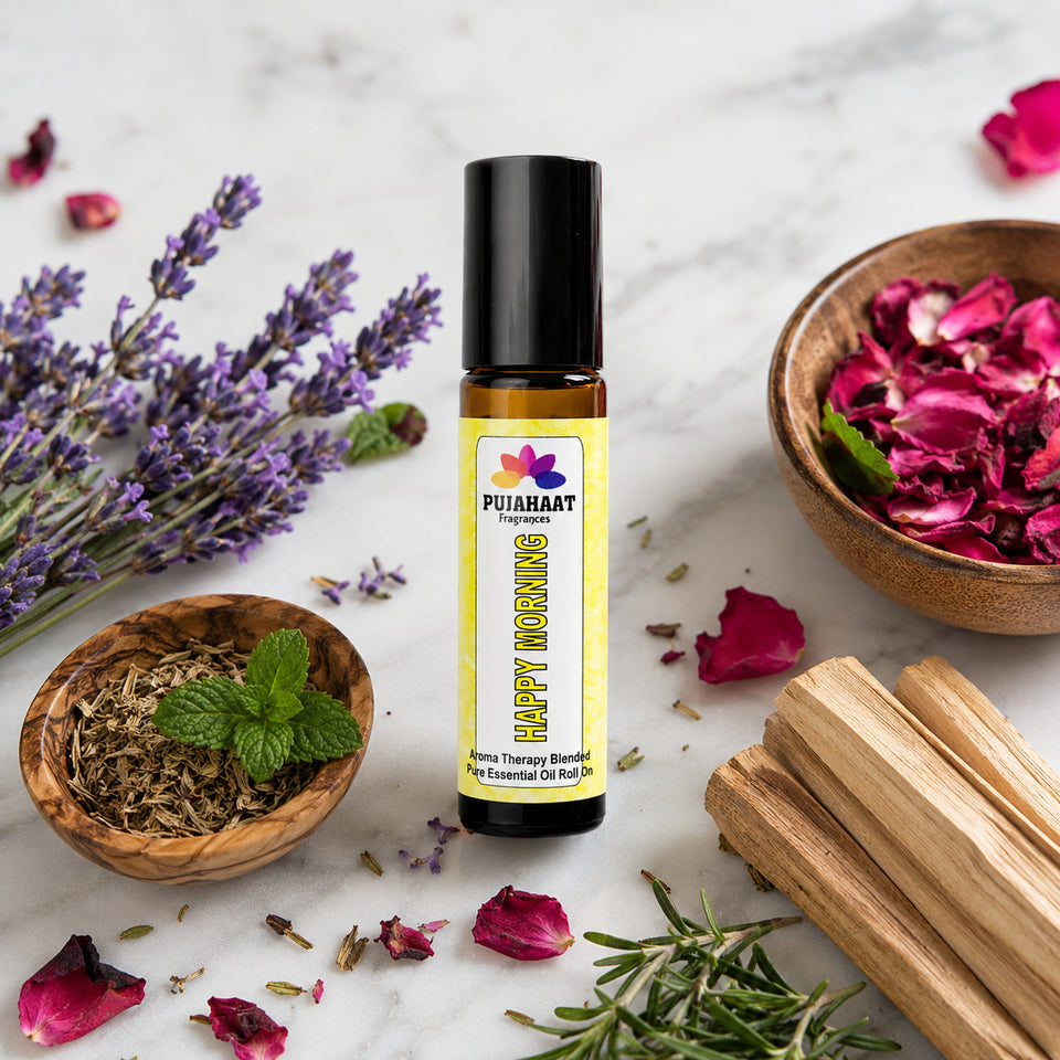 Pujahaat Happy Morning Aromatherapy Roll-on | Blend of pure & natural Essential Oils | For Help Waking Up & Alertness | Soothing Formula to uplift mood and reduce dullness. | Crafted by Certified Aromatherapists 10ml/0.33 fl oz - Happy Morning Roll-on
