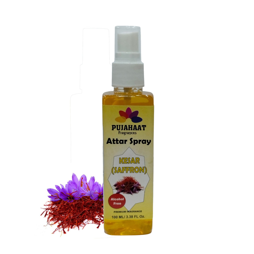 Kesar | Saffron Attar Spray by Pujahaat | 100ml Non Alcoholic Spray | Religious Mist | Air Freshener, Room Mist, Fabric & Linen Spray | Perfect for Prayers Rooms, Living Room, sofas, curtains, car