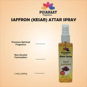 Kesar | Saffron Attar Spray by Pujahaat | 100ml Non Alcoholic Spray | Religious Mist | Air Freshener, Room Mist, Fabric & Linen Spray | Perfect for Prayers Rooms, Living Room, sofas, curtains, car