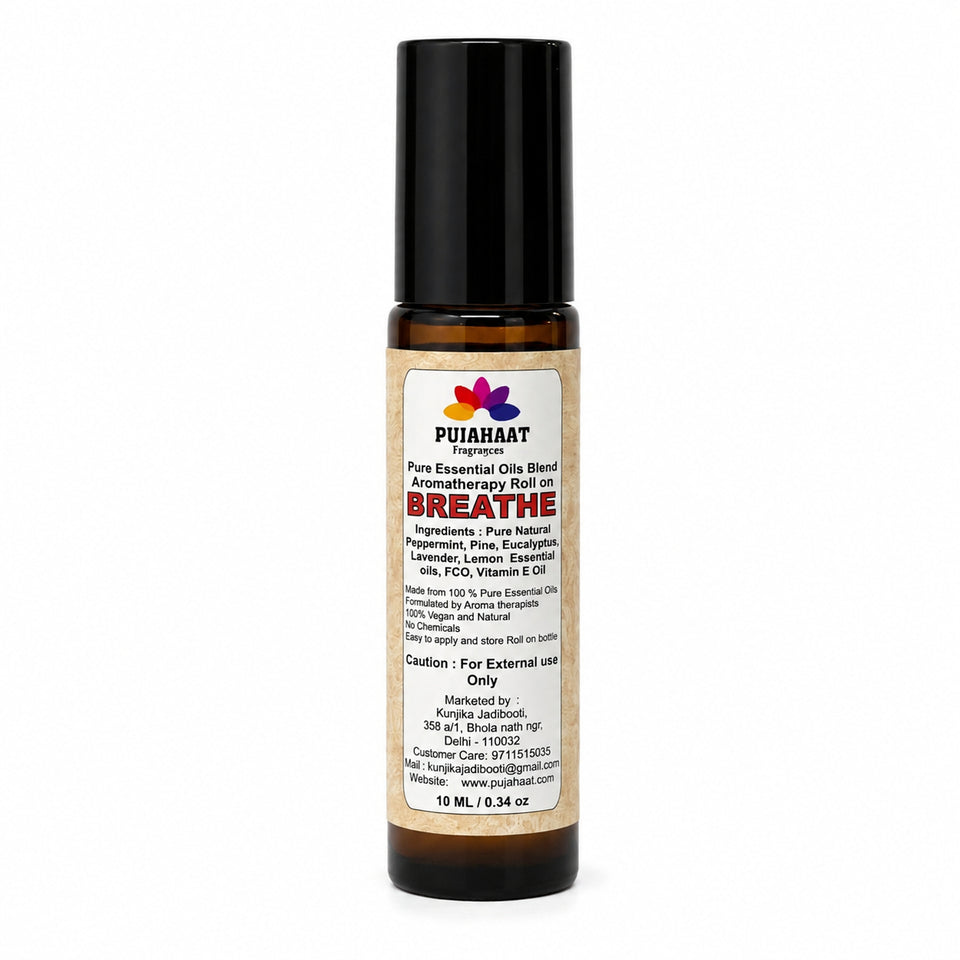 Pujahaat Breathe Free Aromatherapy Roll-on | Blend of pure & natural Essential Oils | Relief for Breathing Difficulties| Crafted by Certified Aromatherapists 10ml/0.33 fl oz - Breathe Free Roll-on