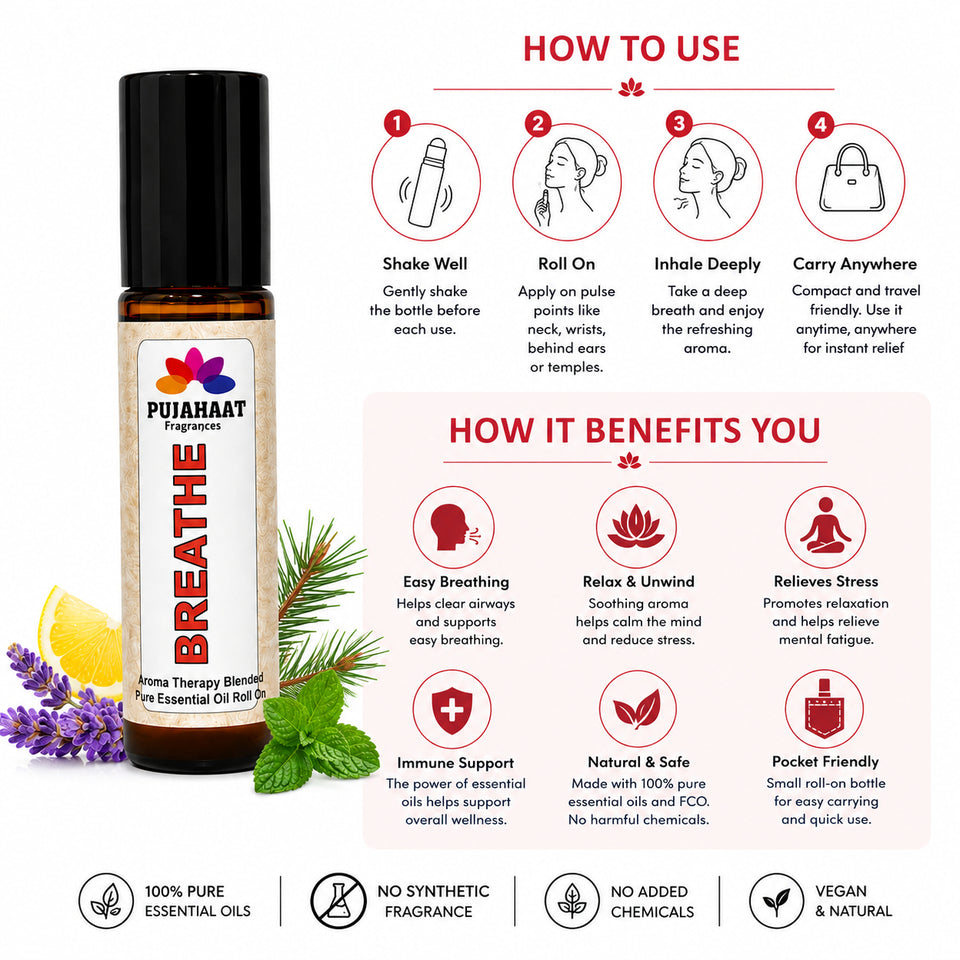 Pujahaat Breathe Free Aromatherapy Roll-on | Blend of pure & natural Essential Oils | Relief for Breathing Difficulties| Crafted by Certified Aromatherapists 10ml/0.33 fl oz - Breathe Free Roll-on