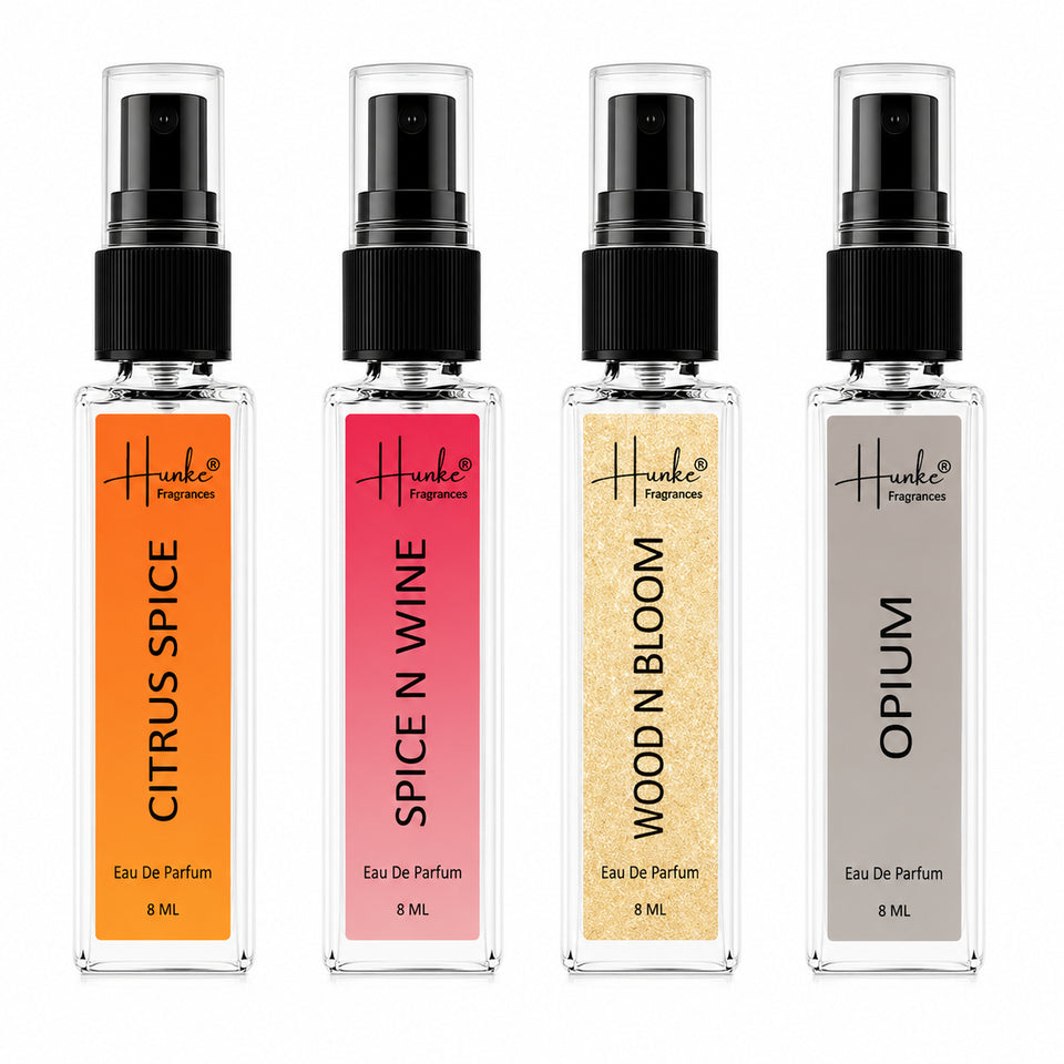 HUNKE EDP Inspired Perfume Set for Men & Women | Set of 4 Premium Long Lasting Fragrances | 8 ml Each | Travel Size Mini Perfume Gift Set | Eau de Parfum Collection - Citrus Spice, Spice N Wine, Wood n bloom, Opium