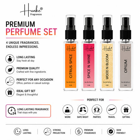 HUNKE EDP Inspired Perfume Set for Men & Women | Set of 4 Premium Long Lasting Fragrances | 8 ml Each | Travel Size Mini Perfume Gift Set | Eau de Parfum Collection - Citrus Spice, Spice N Wine, Wood n bloom, Opium