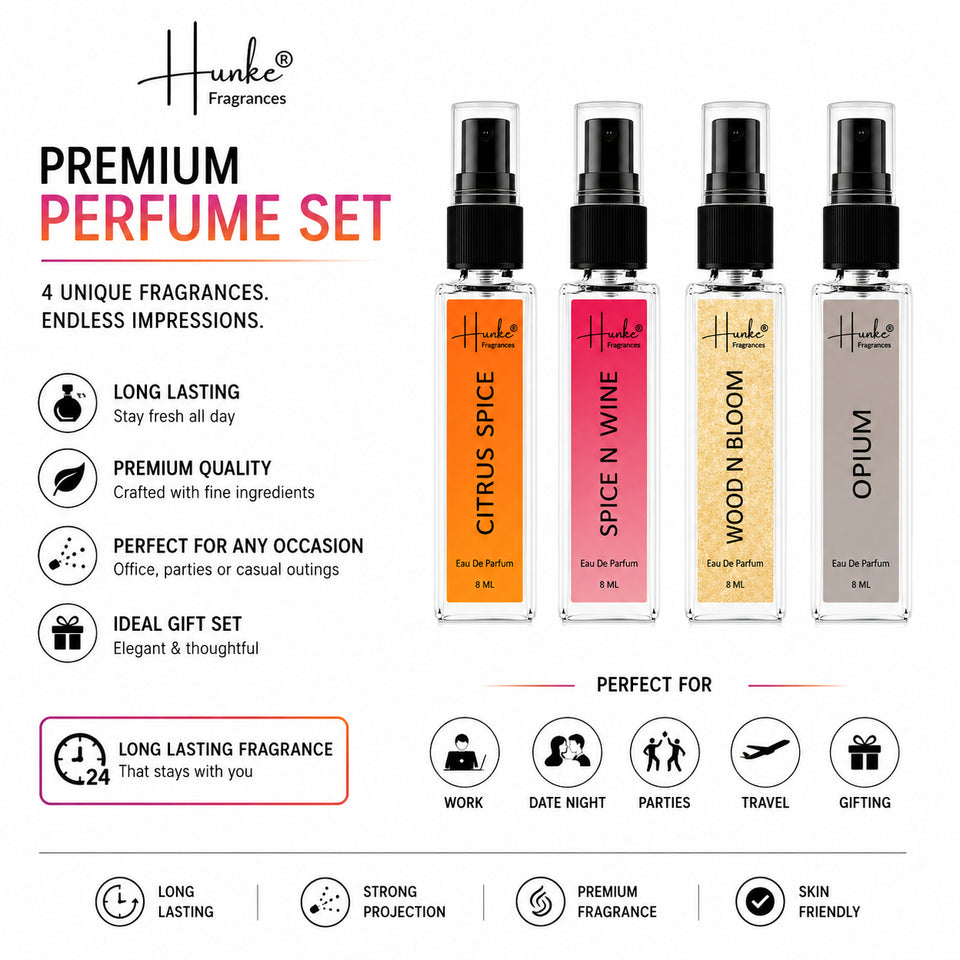 HUNKE EDP Inspired Perfume Set for Men & Women | Set of 4 Premium Long Lasting Fragrances | 8 ml Each | Travel Size Mini Perfume Gift Set | Eau de Parfum Collection - Citrus Spice, Spice N Wine, Wood n bloom, Opium