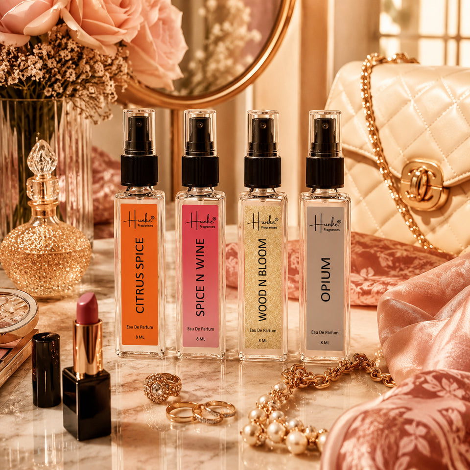 HUNKE EDP Inspired Perfume Set for Men & Women | Set of 4 Premium Long Lasting Fragrances | 8 ml Each | Travel Size Mini Perfume Gift Set | Eau de Parfum Collection - Citrus Spice, Spice N Wine, Wood n bloom, Opium