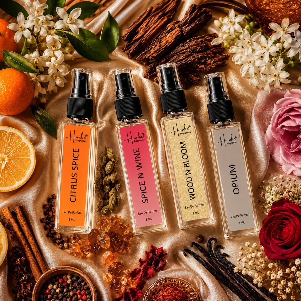 HUNKE EDP Inspired Perfume Set for Men & Women | Set of 4 Premium Long Lasting Fragrances | 8 ml Each | Travel Size Mini Perfume Gift Set | Eau de Parfum Collection - Citrus Spice, Spice N Wine, Wood n bloom, Opium
