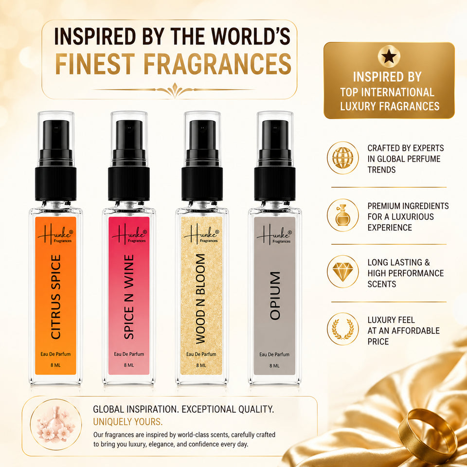 HUNKE EDP Inspired Perfume Set for Men & Women | Set of 4 Premium Long Lasting Fragrances | 8 ml Each | Travel Size Mini Perfume Gift Set | Eau de Parfum Collection - Citrus Spice, Spice N Wine, Wood n bloom, Opium